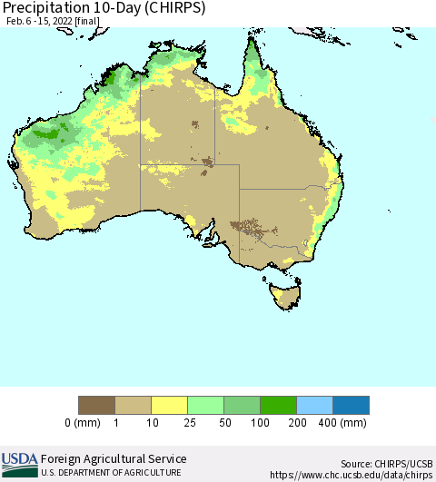 Australia Precipitation 10-Day (CHIRPS) Thematic Map For 2/6/2022 - 2/15/2022
