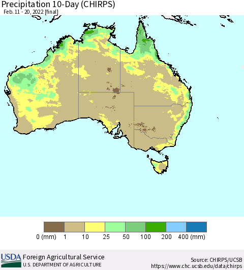 Australia Precipitation 10-Day (CHIRPS) Thematic Map For 2/11/2022 - 2/20/2022