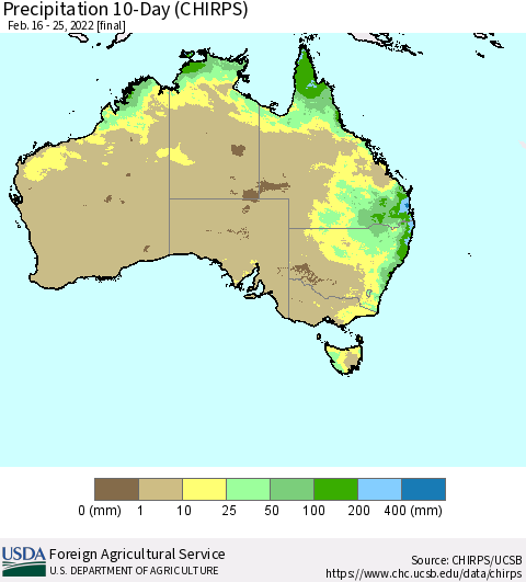 Australia Precipitation 10-Day (CHIRPS) Thematic Map For 2/16/2022 - 2/25/2022