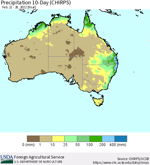 Australia Precipitation 10-Day (CHIRPS) Thematic Map For 2/21/2022 - 2/28/2022