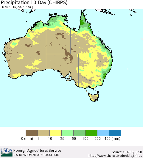 Australia Precipitation 10-Day (CHIRPS) Thematic Map For 3/6/2022 - 3/15/2022