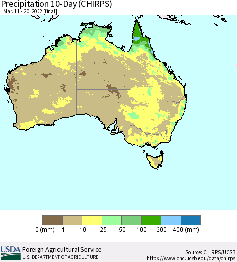 Australia Precipitation 10-Day (CHIRPS) Thematic Map For 3/11/2022 - 3/20/2022