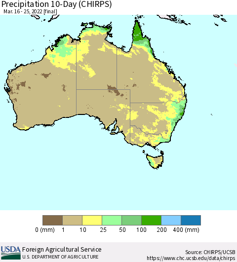 Australia Precipitation 10-Day (CHIRPS) Thematic Map For 3/16/2022 - 3/25/2022