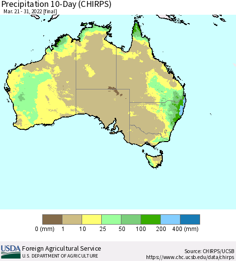 Australia Precipitation 10-Day (CHIRPS) Thematic Map For 3/21/2022 - 3/31/2022
