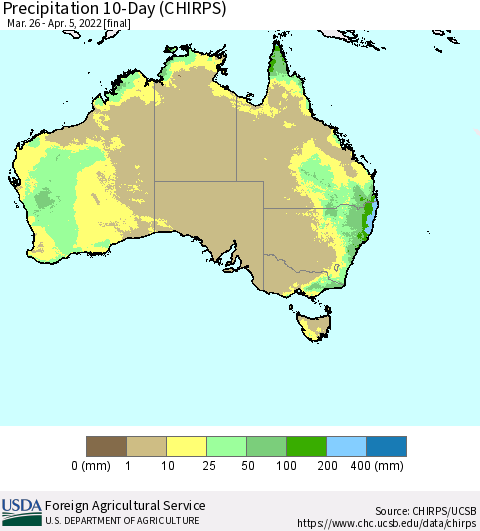 Australia Precipitation 10-Day (CHIRPS) Thematic Map For 3/26/2022 - 4/5/2022