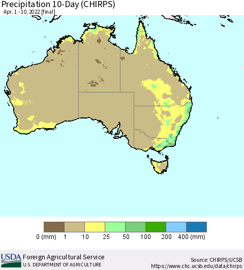Australia Precipitation 10-Day (CHIRPS) Thematic Map For 4/1/2022 - 4/10/2022