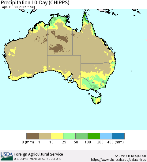 Australia Precipitation 10-Day (CHIRPS) Thematic Map For 4/11/2022 - 4/20/2022