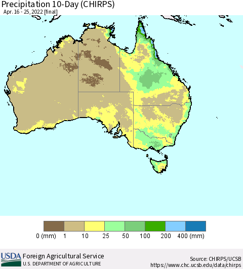 Australia Precipitation 10-Day (CHIRPS) Thematic Map For 4/16/2022 - 4/25/2022