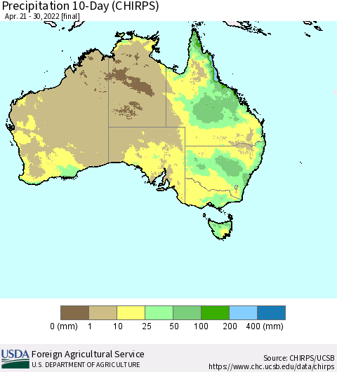 Australia Precipitation 10-Day (CHIRPS) Thematic Map For 4/21/2022 - 4/30/2022