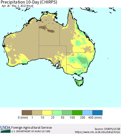 Australia Precipitation 10-Day (CHIRPS) Thematic Map For 4/26/2022 - 5/5/2022