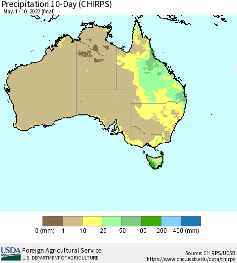 Australia Precipitation 10-Day (CHIRPS) Thematic Map For 5/1/2022 - 5/10/2022