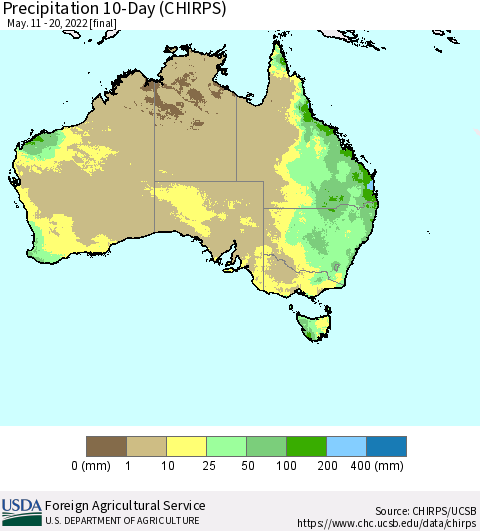 Australia Precipitation 10-Day (CHIRPS) Thematic Map For 5/11/2022 - 5/20/2022