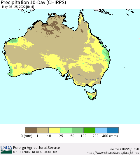 Australia Precipitation 10-Day (CHIRPS) Thematic Map For 5/16/2022 - 5/25/2022
