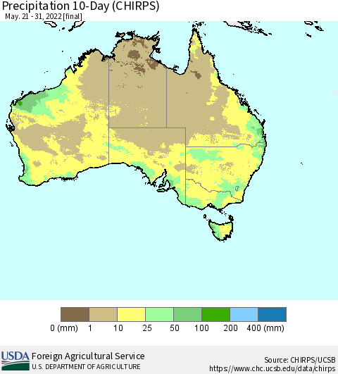 Australia Precipitation 10-Day (CHIRPS) Thematic Map For 5/21/2022 - 5/31/2022