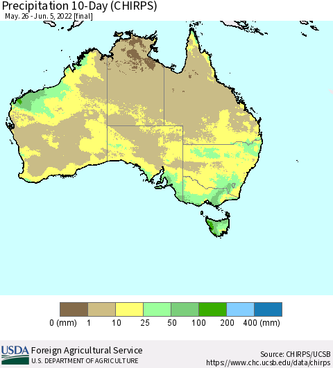 Australia Precipitation 10-Day (CHIRPS) Thematic Map For 5/26/2022 - 6/5/2022