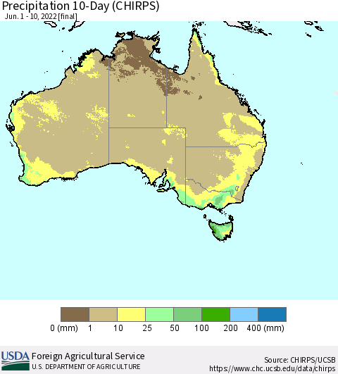 Australia Precipitation 10-Day (CHIRPS) Thematic Map For 6/1/2022 - 6/10/2022