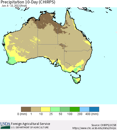 Australia Precipitation 10-Day (CHIRPS) Thematic Map For 6/6/2022 - 6/15/2022