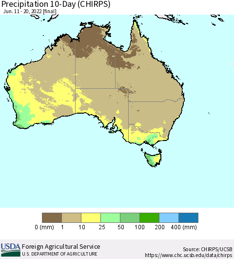 Australia Precipitation 10-Day (CHIRPS) Thematic Map For 6/11/2022 - 6/20/2022