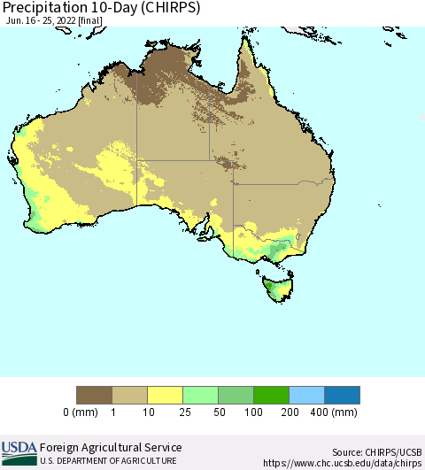 Australia Precipitation 10-Day (CHIRPS) Thematic Map For 6/16/2022 - 6/25/2022