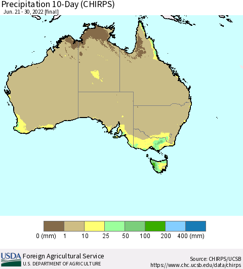 Australia Precipitation 10-Day (CHIRPS) Thematic Map For 6/21/2022 - 6/30/2022