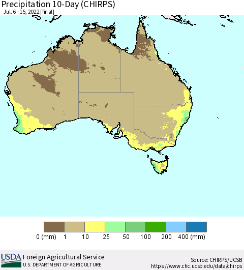 Australia Precipitation 10-Day (CHIRPS) Thematic Map For 7/6/2022 - 7/15/2022