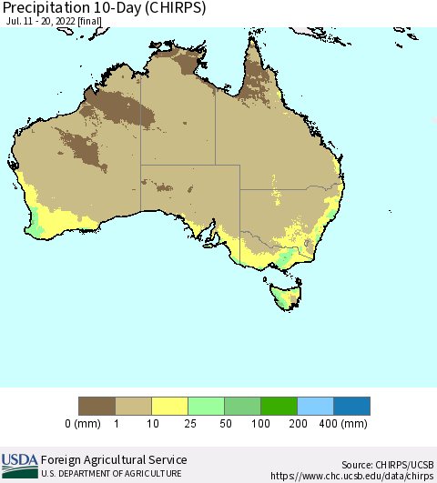 Australia Precipitation 10-Day (CHIRPS) Thematic Map For 7/11/2022 - 7/20/2022