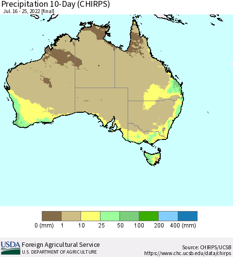 Australia Precipitation 10-Day (CHIRPS) Thematic Map For 7/16/2022 - 7/25/2022