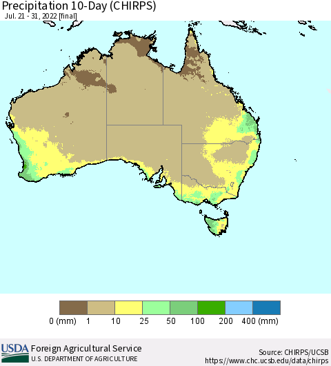 Australia Precipitation 10-Day (CHIRPS) Thematic Map For 7/21/2022 - 7/31/2022