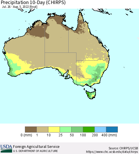 Australia Precipitation 10-Day (CHIRPS) Thematic Map For 7/26/2022 - 8/5/2022