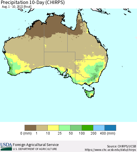 Australia Precipitation 10-Day (CHIRPS) Thematic Map For 8/1/2022 - 8/10/2022