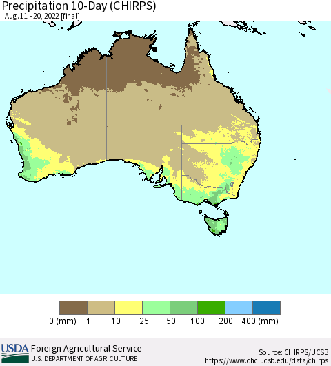 Australia Precipitation 10-Day (CHIRPS) Thematic Map For 8/11/2022 - 8/20/2022