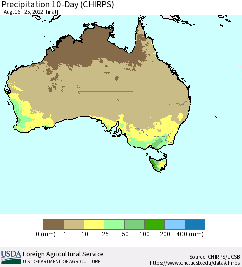 Australia Precipitation 10-Day (CHIRPS) Thematic Map For 8/16/2022 - 8/25/2022