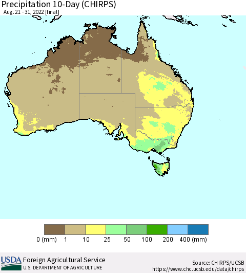 Australia Precipitation 10-Day (CHIRPS) Thematic Map For 8/21/2022 - 8/31/2022