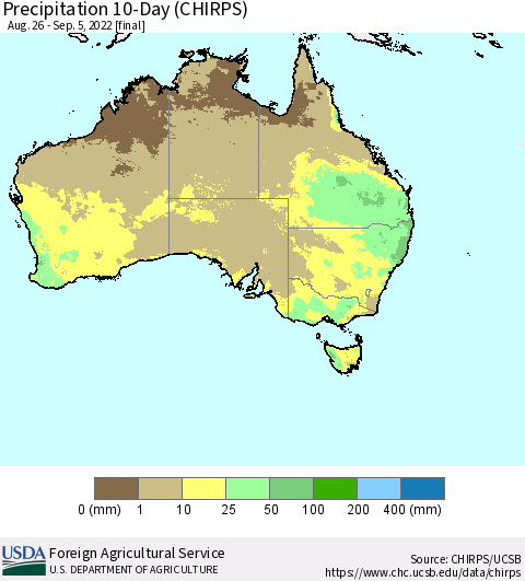 Australia Precipitation 10-Day (CHIRPS) Thematic Map For 8/26/2022 - 9/5/2022