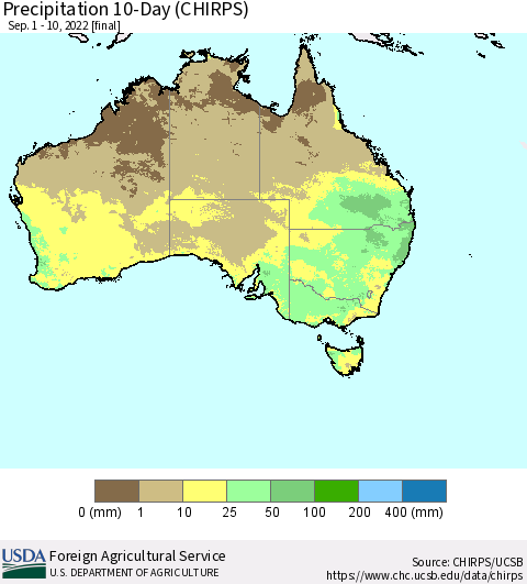 Australia Precipitation 10-Day (CHIRPS) Thematic Map For 9/1/2022 - 9/10/2022
