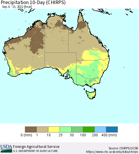 Australia Precipitation 10-Day (CHIRPS) Thematic Map For 9/6/2022 - 9/15/2022