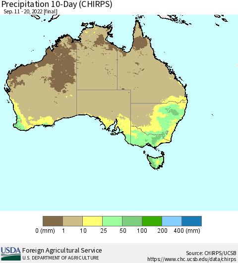Australia Precipitation 10-Day (CHIRPS) Thematic Map For 9/11/2022 - 9/20/2022