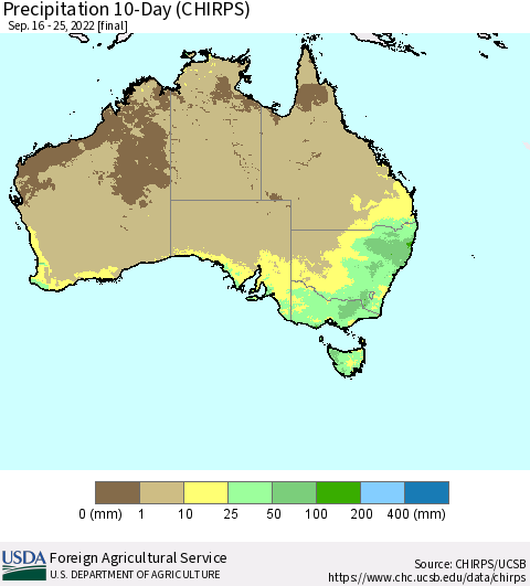 Australia Precipitation 10-Day (CHIRPS) Thematic Map For 9/16/2022 - 9/25/2022
