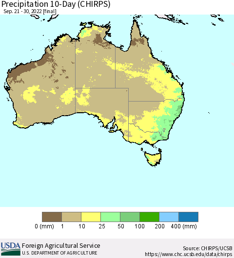 Australia Precipitation 10-Day (CHIRPS) Thematic Map For 9/21/2022 - 9/30/2022