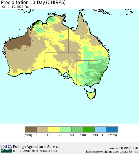 Australia Precipitation 10-Day (CHIRPS) Thematic Map For 10/1/2022 - 10/10/2022