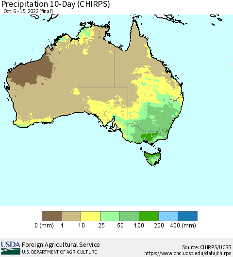 Australia Precipitation 10-Day (CHIRPS) Thematic Map For 10/6/2022 - 10/15/2022