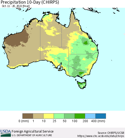 Australia Precipitation 10-Day (CHIRPS) Thematic Map For 10/11/2022 - 10/20/2022