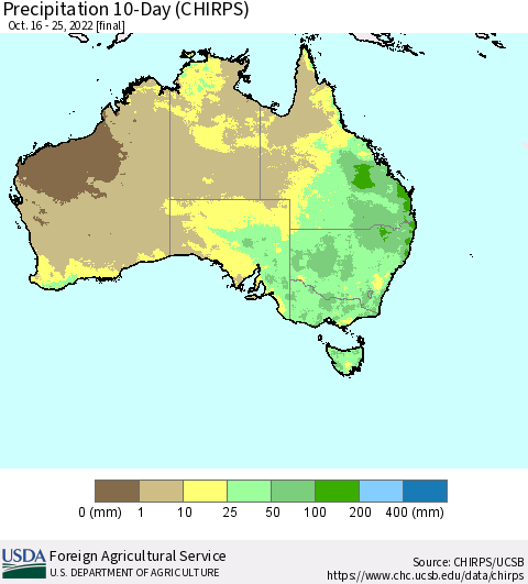 Australia Precipitation 10-Day (CHIRPS) Thematic Map For 10/16/2022 - 10/25/2022