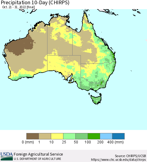 Australia Precipitation 10-Day (CHIRPS) Thematic Map For 10/21/2022 - 10/31/2022