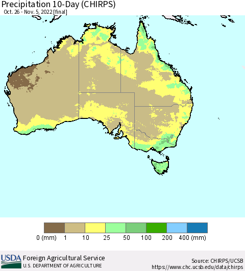 Australia Precipitation 10-Day (CHIRPS) Thematic Map For 10/26/2022 - 11/5/2022