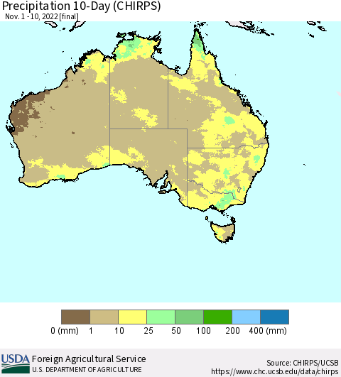 Australia Precipitation 10-Day (CHIRPS) Thematic Map For 11/1/2022 - 11/10/2022