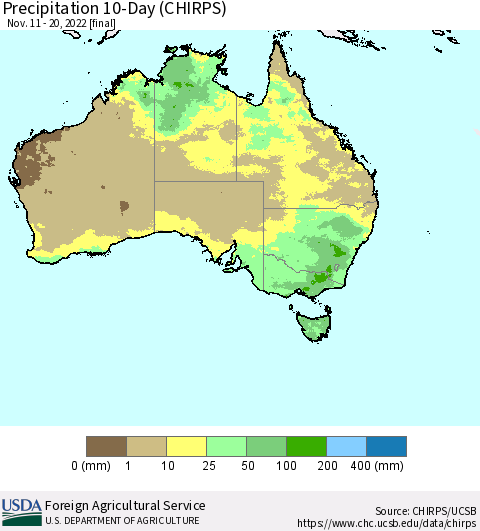 Australia Precipitation 10-Day (CHIRPS) Thematic Map For 11/11/2022 - 11/20/2022