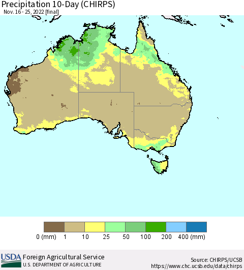 Australia Precipitation 10-Day (CHIRPS) Thematic Map For 11/16/2022 - 11/25/2022