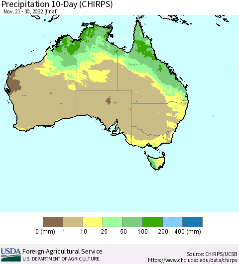Australia Precipitation 10-Day (CHIRPS) Thematic Map For 11/21/2022 - 11/30/2022