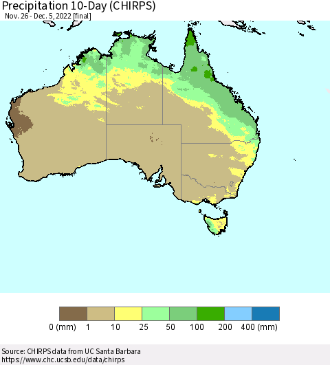 Australia Precipitation 10-Day (CHIRPS) Thematic Map For 11/26/2022 - 12/5/2022